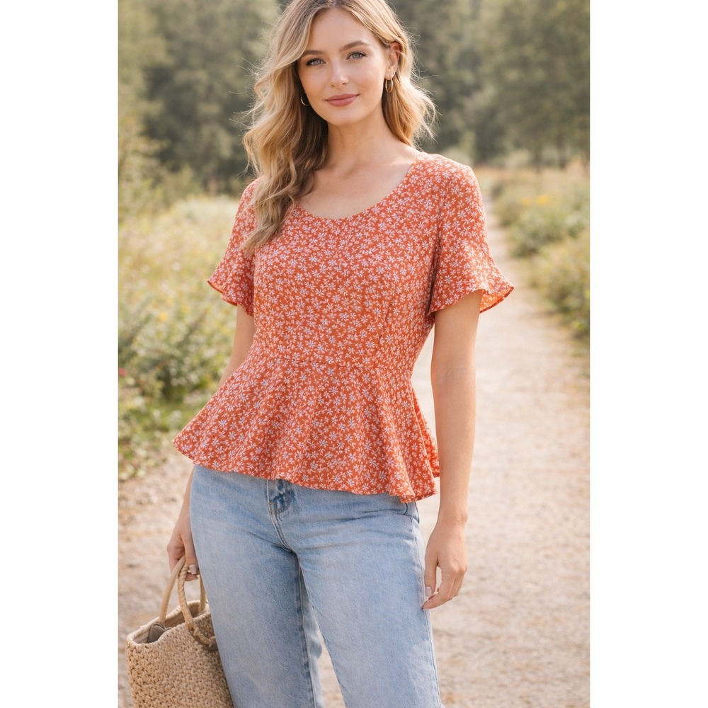 Monteau Floral Peplum‎ Rust Orange Flutter Blouse Prairie Cottagecore Boho SZ M